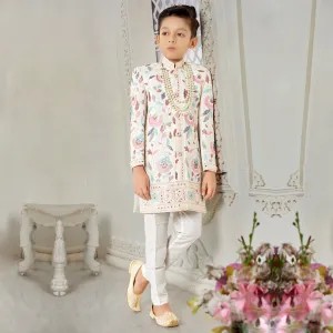 Chic White  Sherwani with  Pyjama and Designer Prints