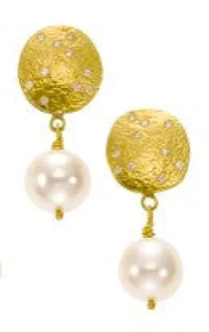 earrings / gold hammered 22k  discs   diamonds