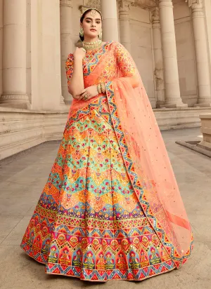 Orange Multicoloured Traditional Embroidered Lehenga Choli