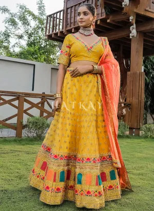 Yellow And Orange Multi Embroidery Silk Lehenga Choli